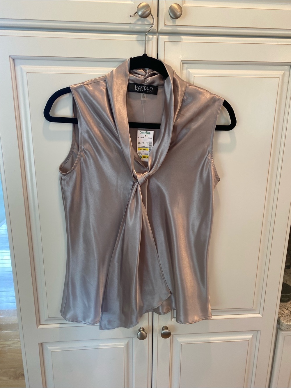 Kasper Sleeveless Satin Tie-Neck Blouse - Silver